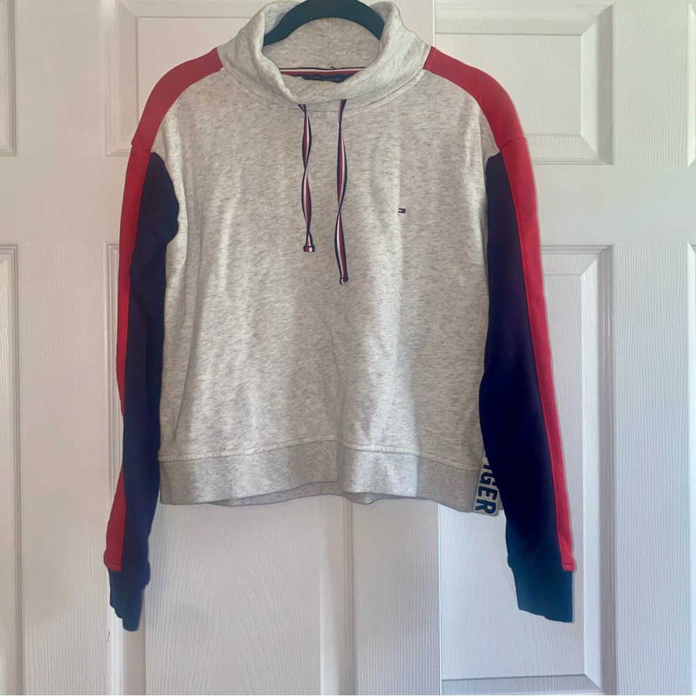 Tommy Hilfiger Grey Funnel Neck Sweatshirt with Red and Blue Accents